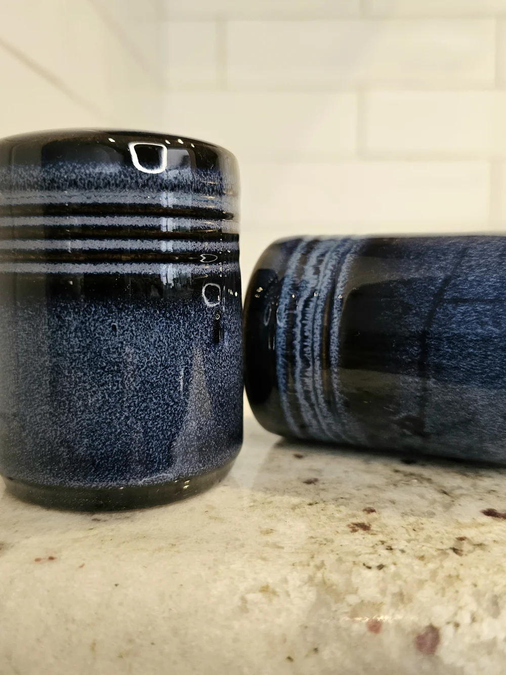 Set Of Dark Blue Glazed Ceramic Salt And Pepper THL Blue Drip Glaze Farmhouse